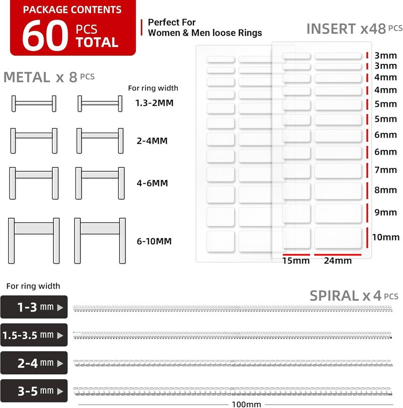 Omilly Ring Size Adjuster for Loose Rings - 60-Pack Kit with 16 Sizes, 3 Styles (Metal/Guards/Spacers), Invisible Ring Guards and Spacers Fits Ring Widths 1-10mm, Invisible Design for Women & Men - Image 4